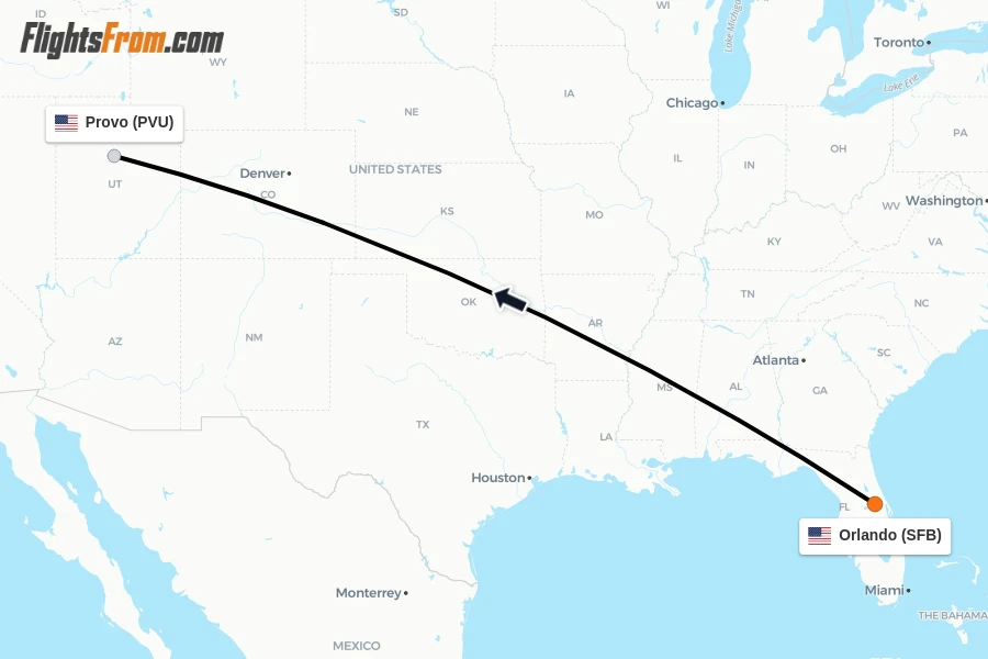 Flights from Orlando to Provo route map
