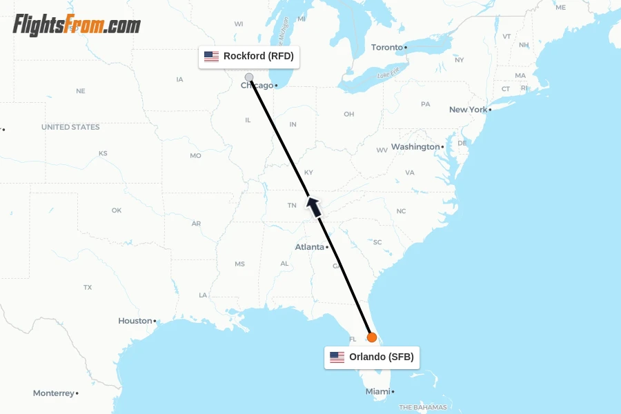 Flights from Orlando to Rockford route map
