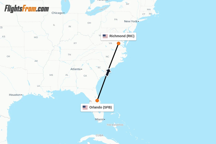 Flights from Orlando to Richmond route map