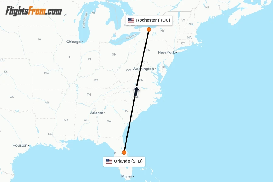 Flights from Orlando to Rochester route map