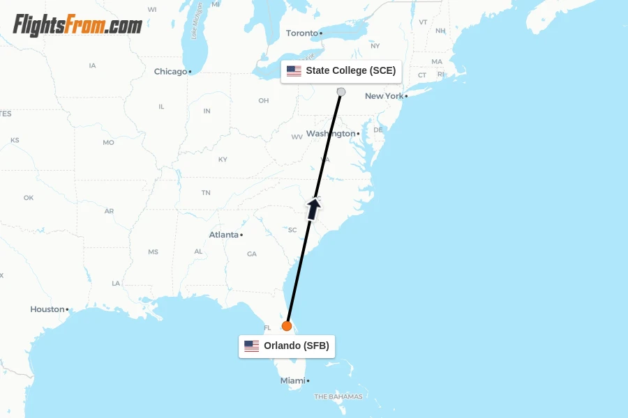 Flights from Orlando to State College route map