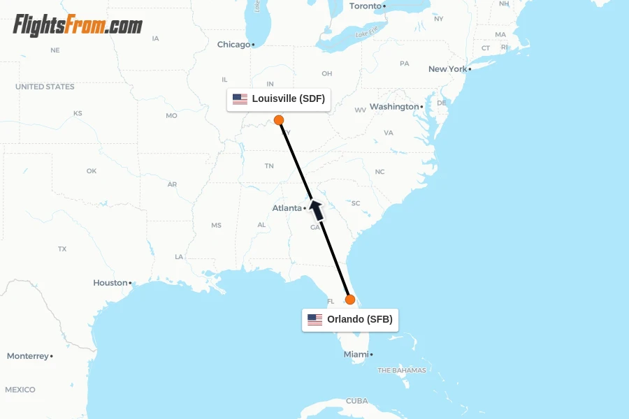 Flights from Orlando to Louisville route map