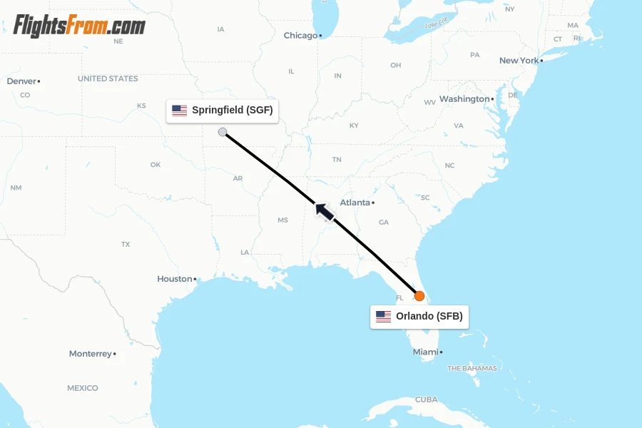 Flights from Orlando to Springfield route map
