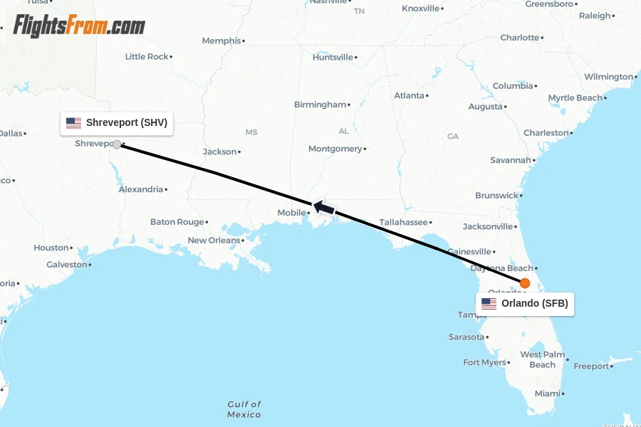 Flights from Orlando to Shreveport route map