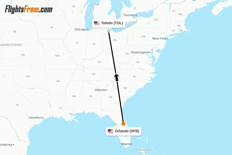 Flights from Orlando to Toledo route map