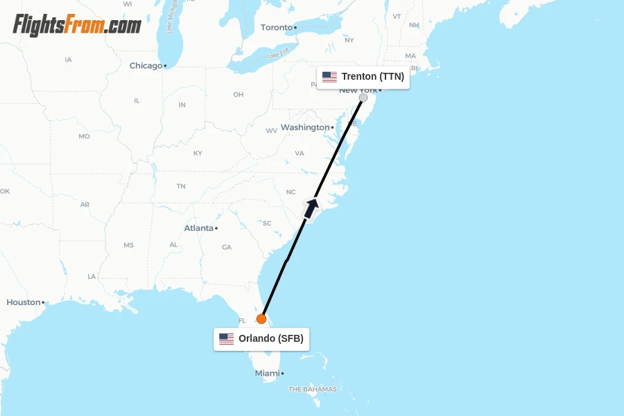 Flights from Orlando to Trenton route map