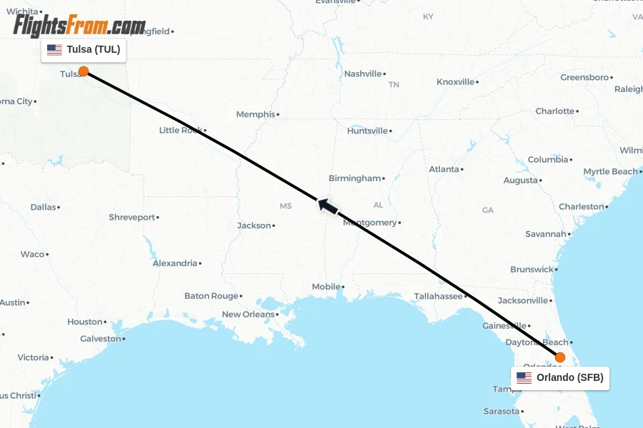 Flights from Orlando to Tulsa route map