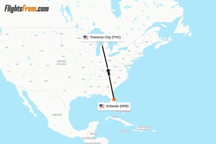 Flights from Orlando to Traverse City route map