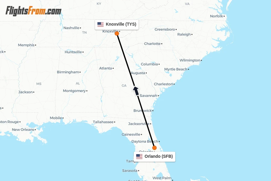 Flights from Orlando to Knoxville route map