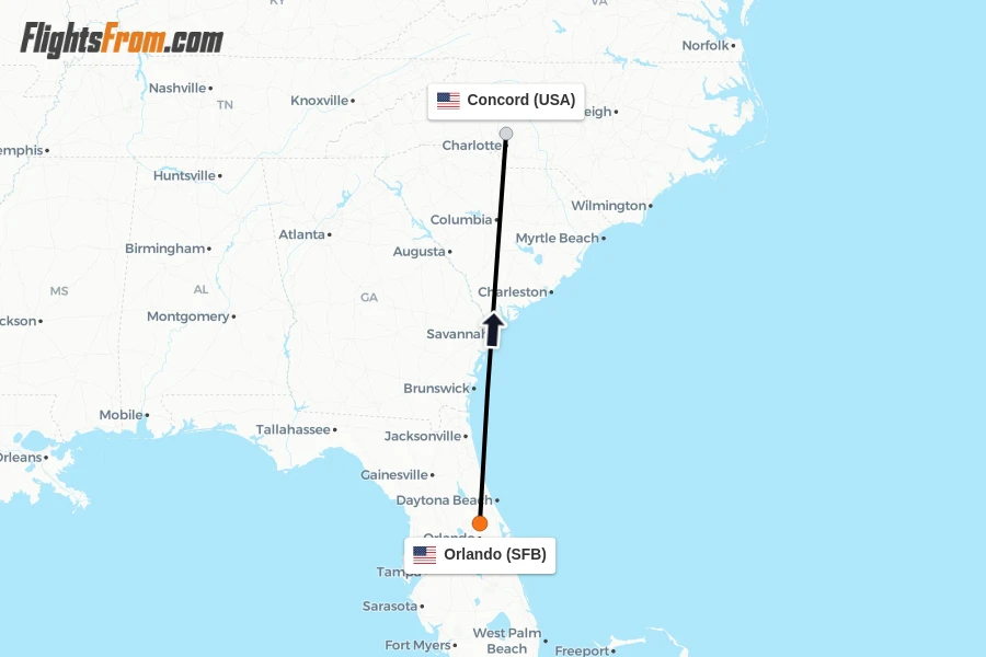 Flights from Orlando to Concord route map