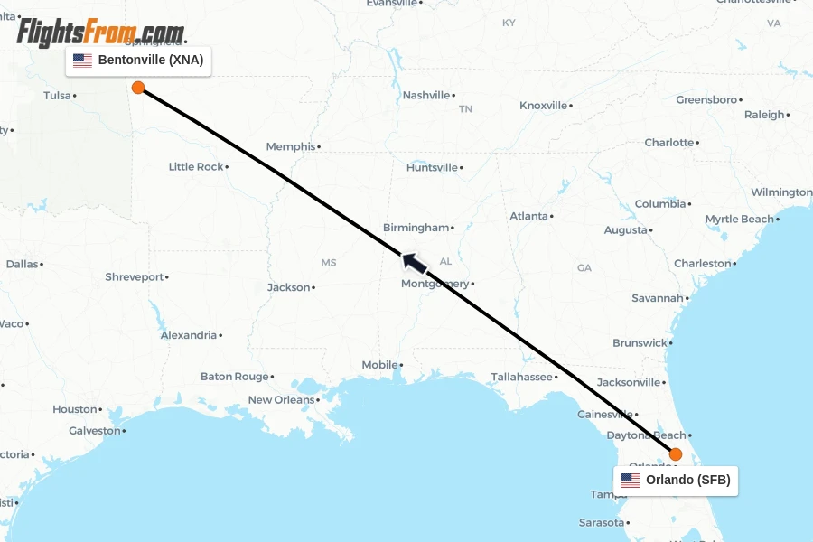 Flights from Orlando to Bentonville route map