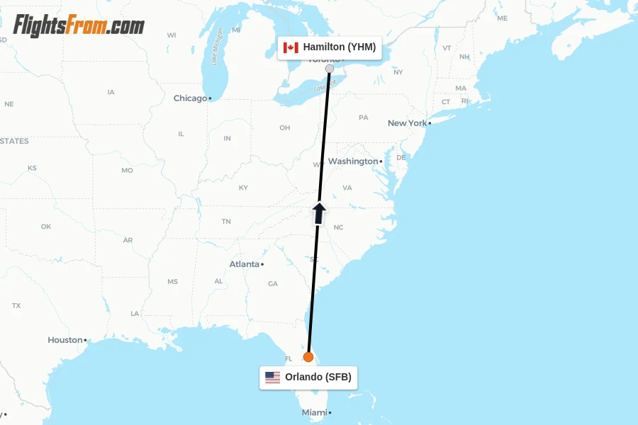 Flights from Orlando to Hamilton route map
