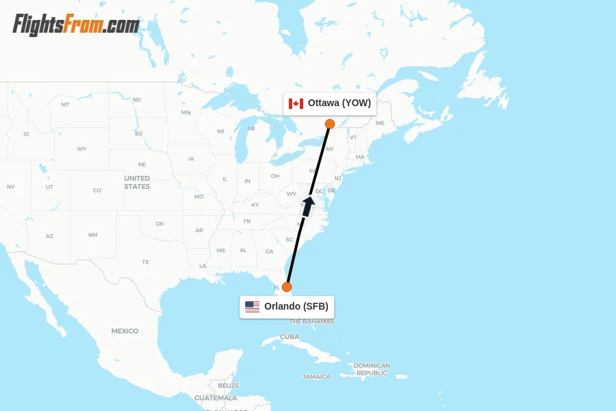 Flights from Orlando to Ottawa route map
