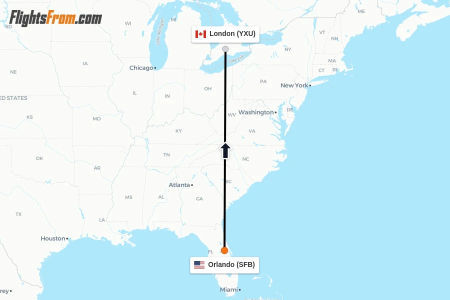 Flights from Orlando to London route map
