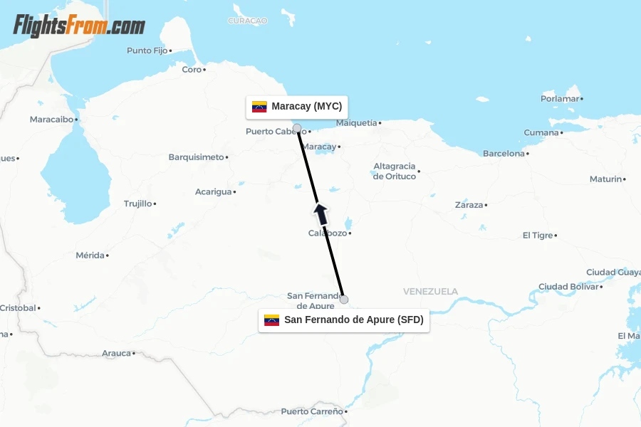 Flights from San Fernando de Apure to Maracay route map