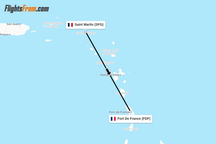 Flights from Saint Martin to Fort De France route map