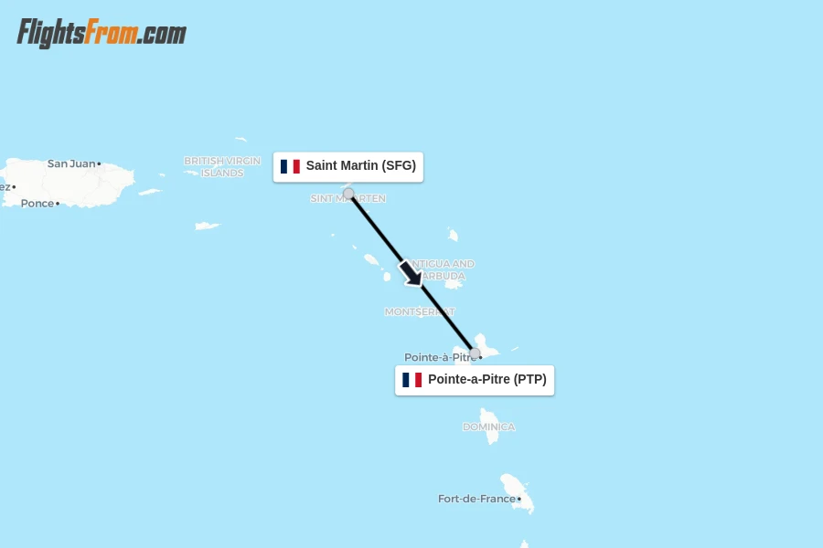 Flights from Saint Martin to Pointe-a-Pitre route map