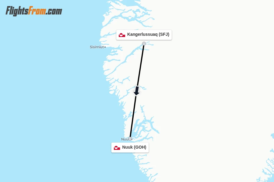 Flights from Kangerlussuaq to Nuuk route map