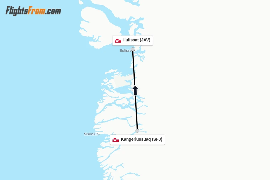 Flights from Kangerlussuaq to Ilulissat route map