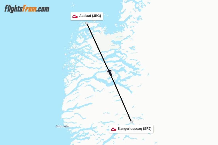 Flights from Kangerlussuaq to Aasiaat route map