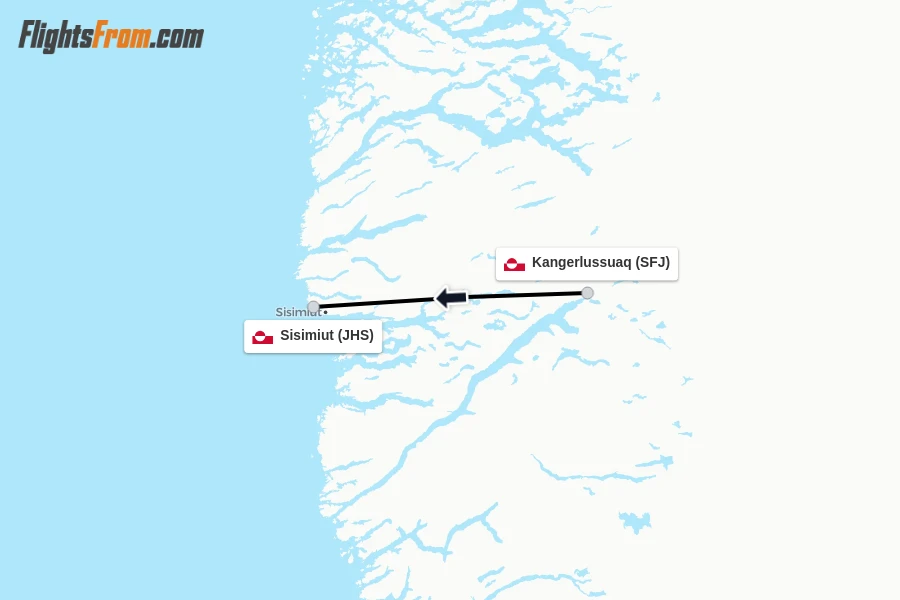 Flights from Kangerlussuaq to Sisimiut route map