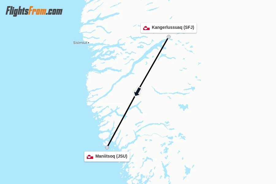 Flights from Kangerlussuaq to Maniitsoq route map