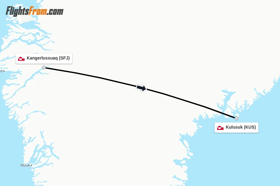 Flights from Kangerlussuaq to Kulusuk route map