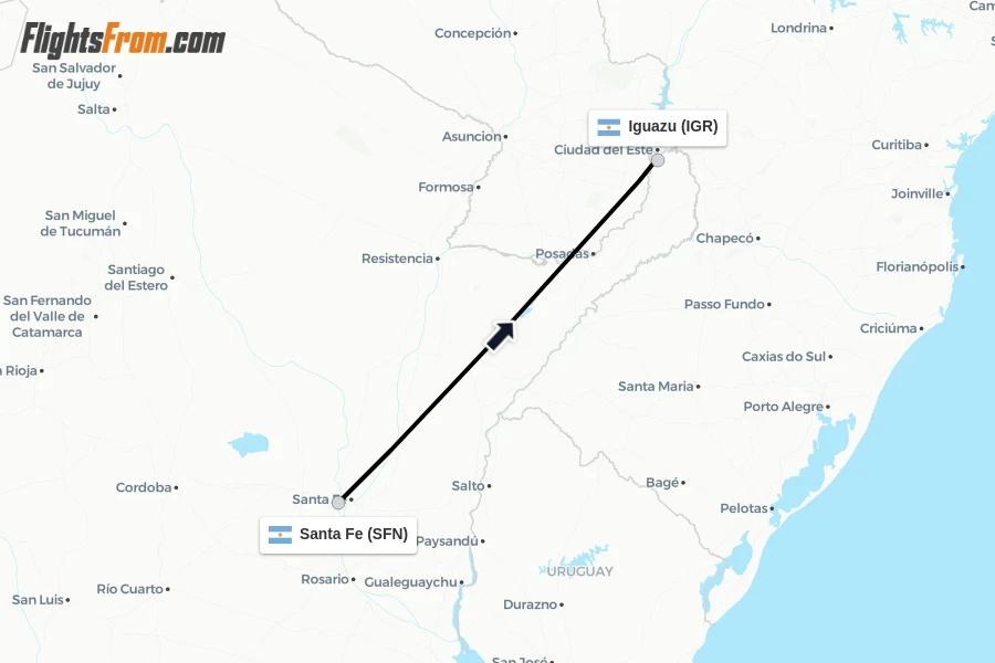 Flights from Santa Fe to Iguazu route map