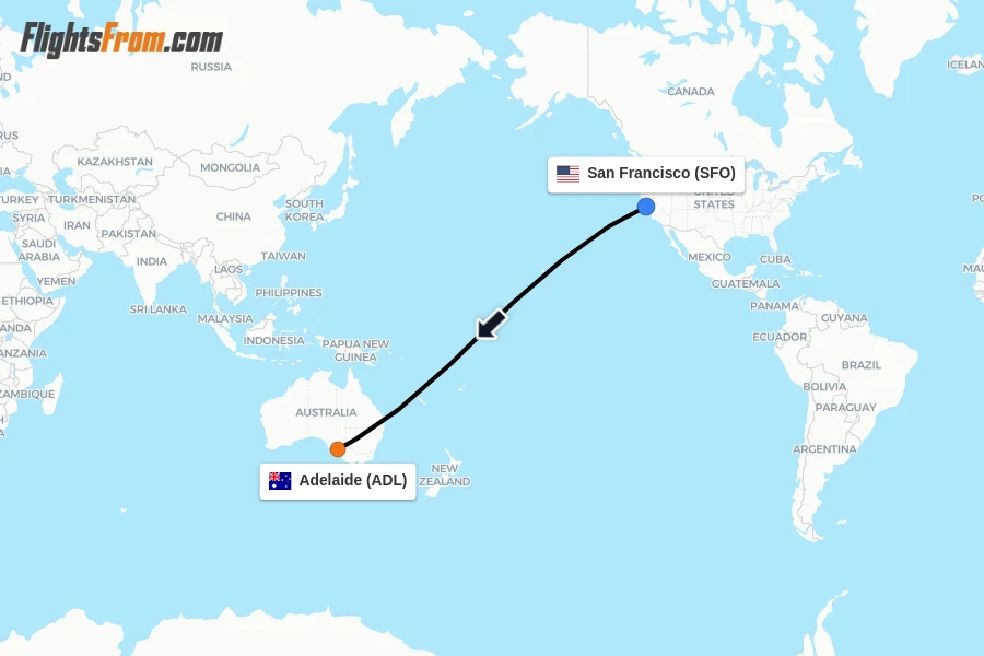 Flights from San Francisco to Adelaide route map