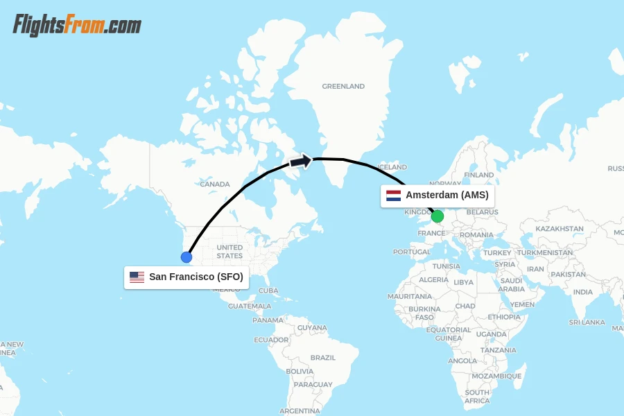 Flights from San Francisco to Amsterdam route map