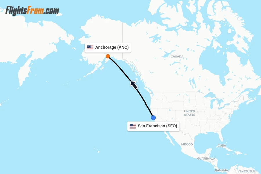 Flights from San Francisco to Anchorage route map