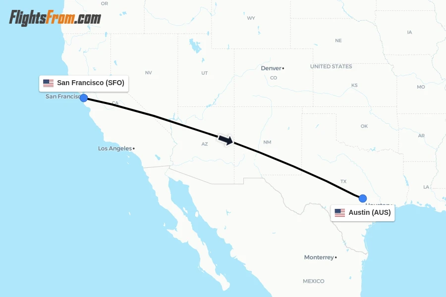 Flights from San Francisco to Austin route map