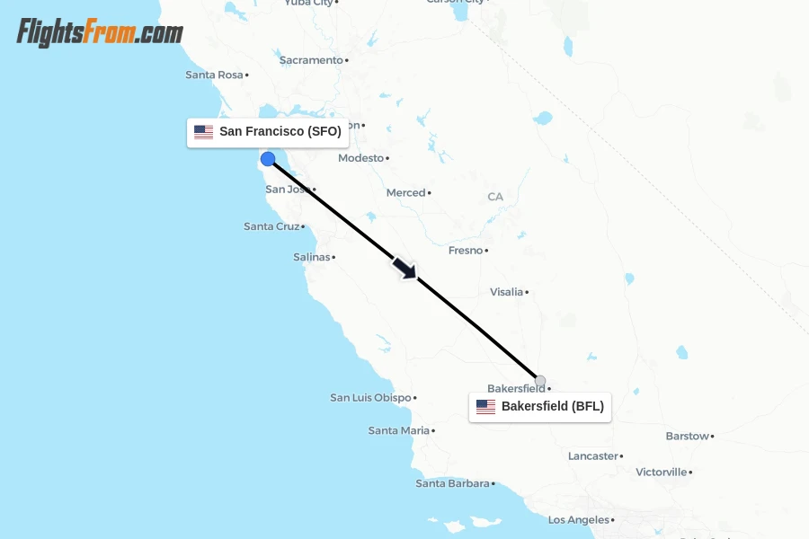 Flights from San Francisco to Bakersfield route map