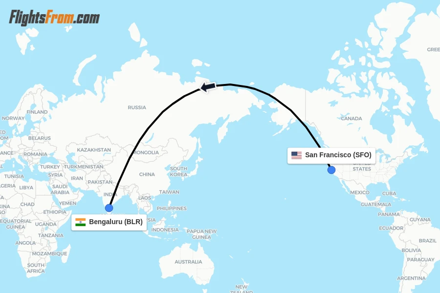 Flights from San Francisco to Bengaluru route map