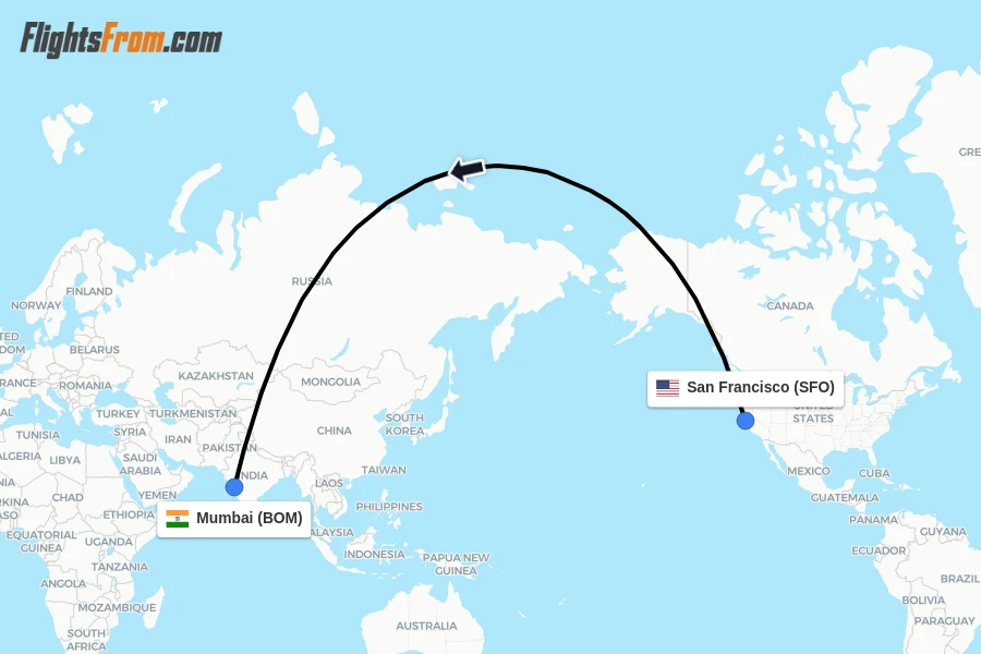 Flights from San Francisco to Mumbai route map