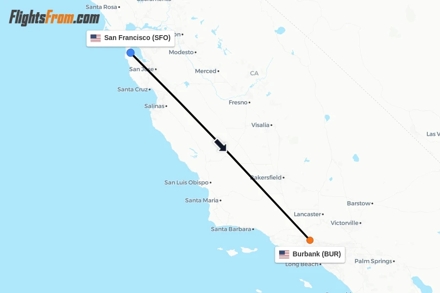 Flights from San Francisco to Burbank route map