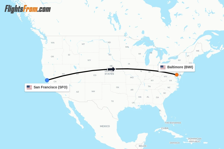 Flights from San Francisco to Baltimore route map