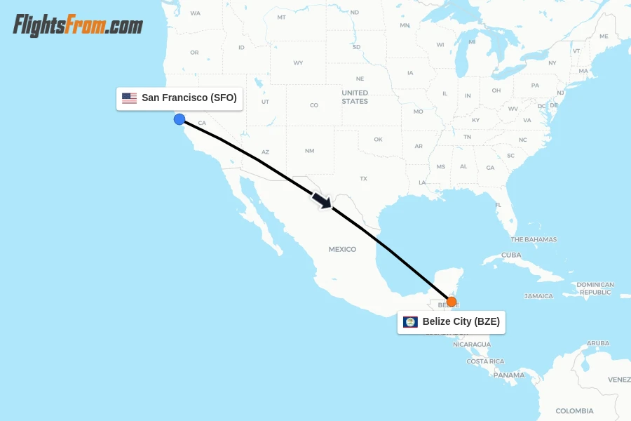 Flights from San Francisco to Belize City route map