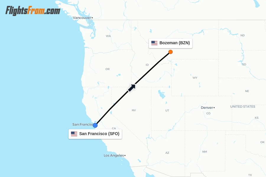 Flights from San Francisco to Bozeman route map
