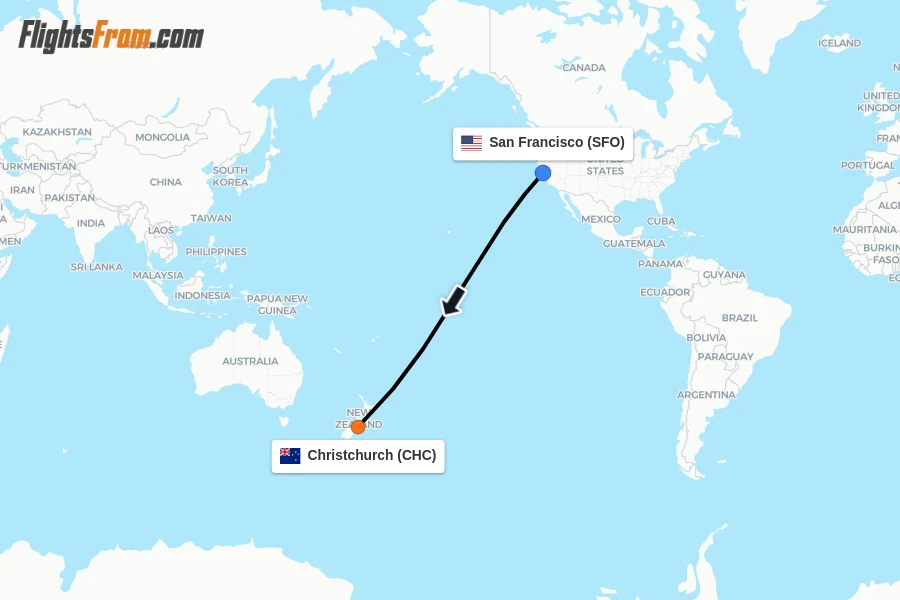 Flights from San Francisco to Christchurch route map