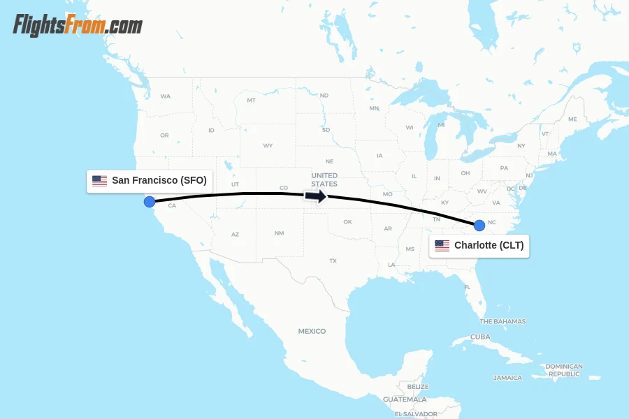 Flights from San Francisco to Charlotte route map