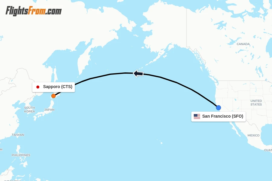 Flights from San Francisco to Sapporo route map