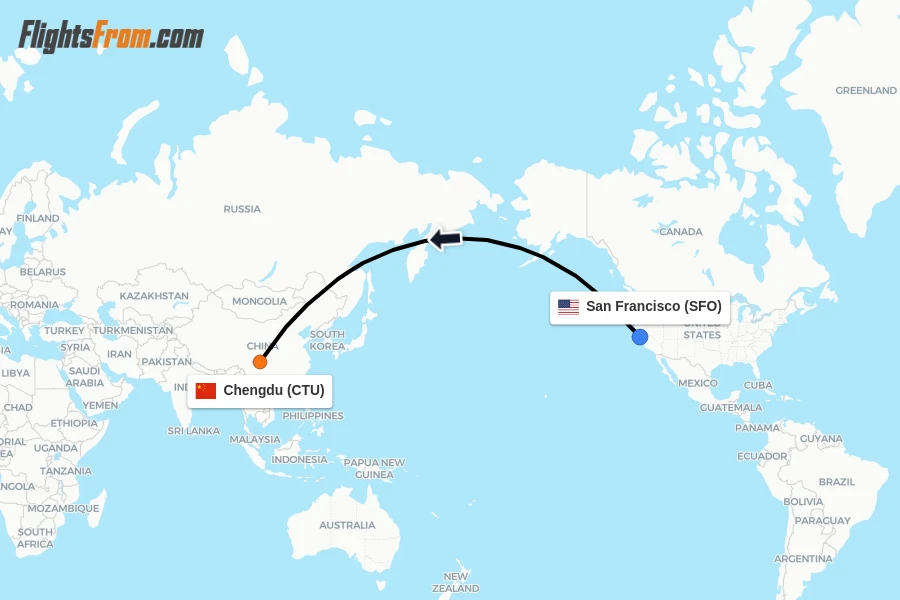 Flights from San Francisco to Chengdu route map