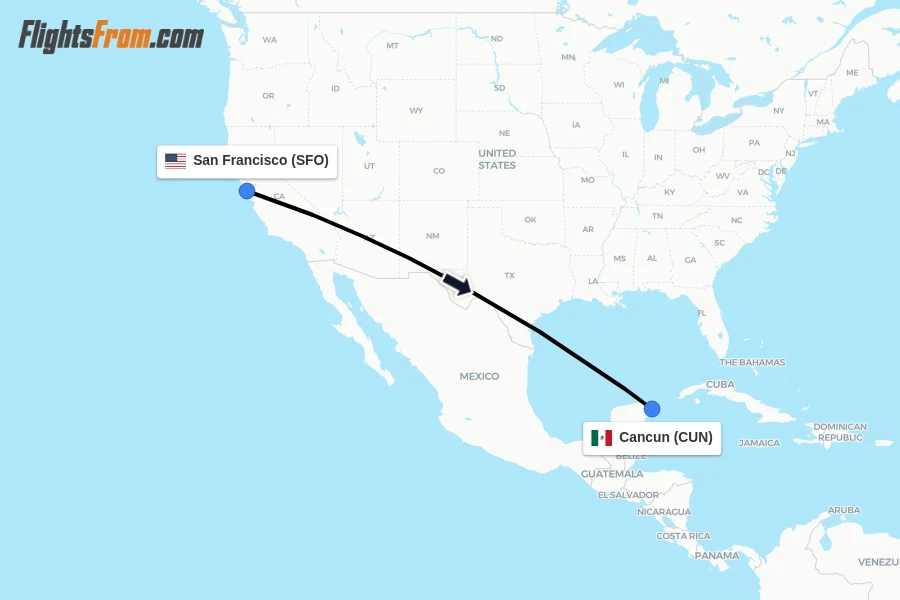 Flights from San Francisco to Cancun route map