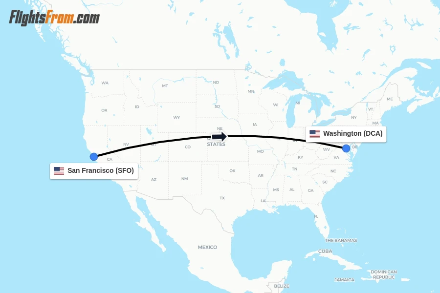 Flights from San Francisco to Washington route map