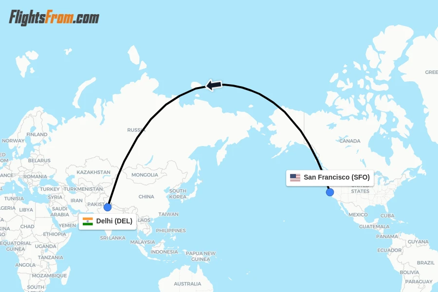 Flights from San Francisco to Delhi route map