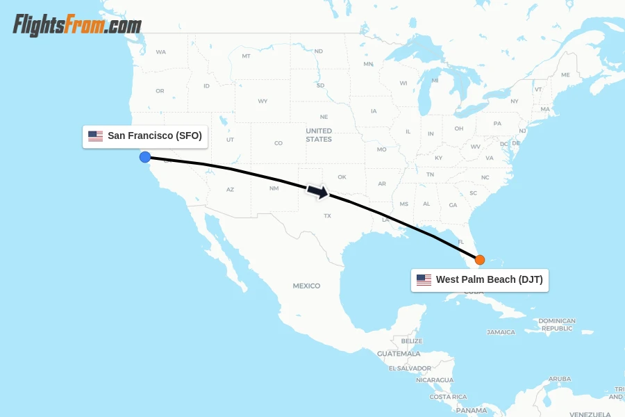 Flights from San Francisco to West Palm Beach route map