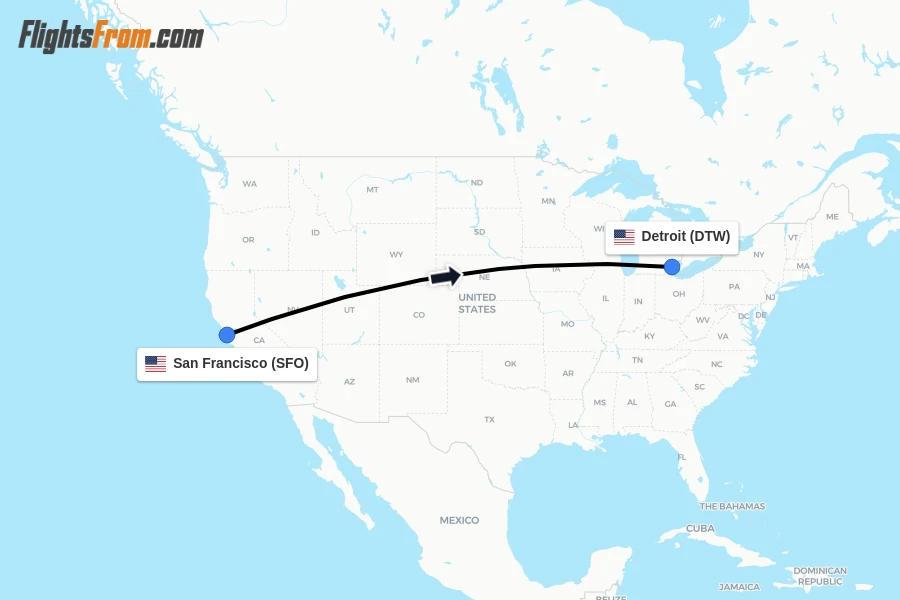 Flights from San Francisco to Detroit route map
