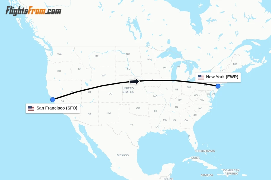 Flights from San Francisco to New York route map