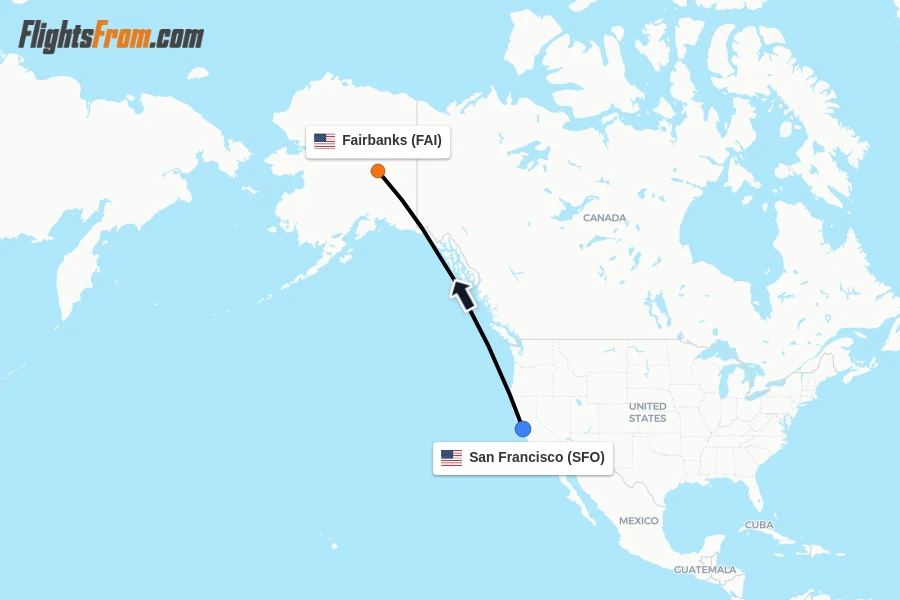 Flights from San Francisco to Fairbanks route map